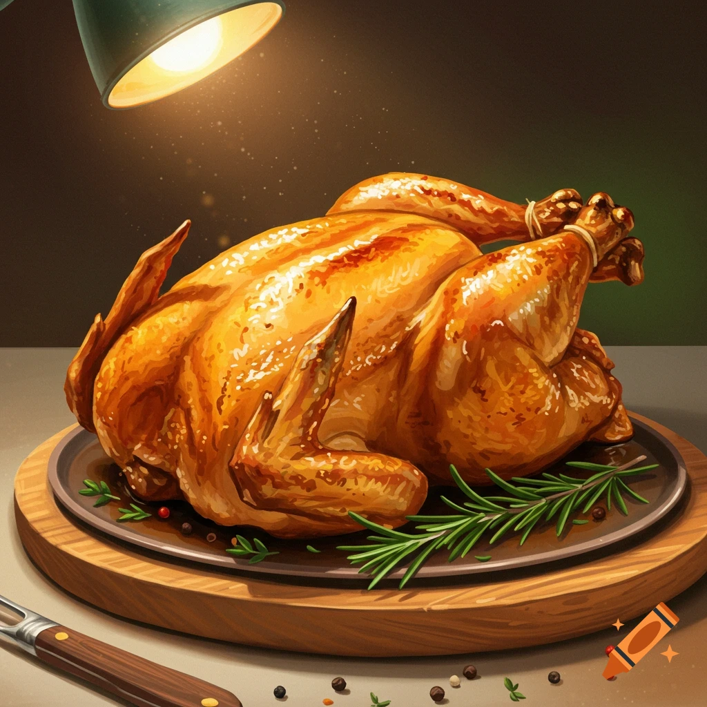 A roasted chicken on a platter with rosemary and peppercorns under a lamp.