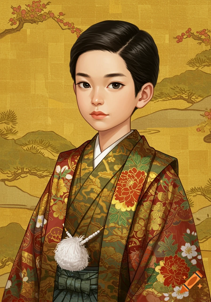 Illustration of a boy in traditional Japanese clothing against a golden screen background.