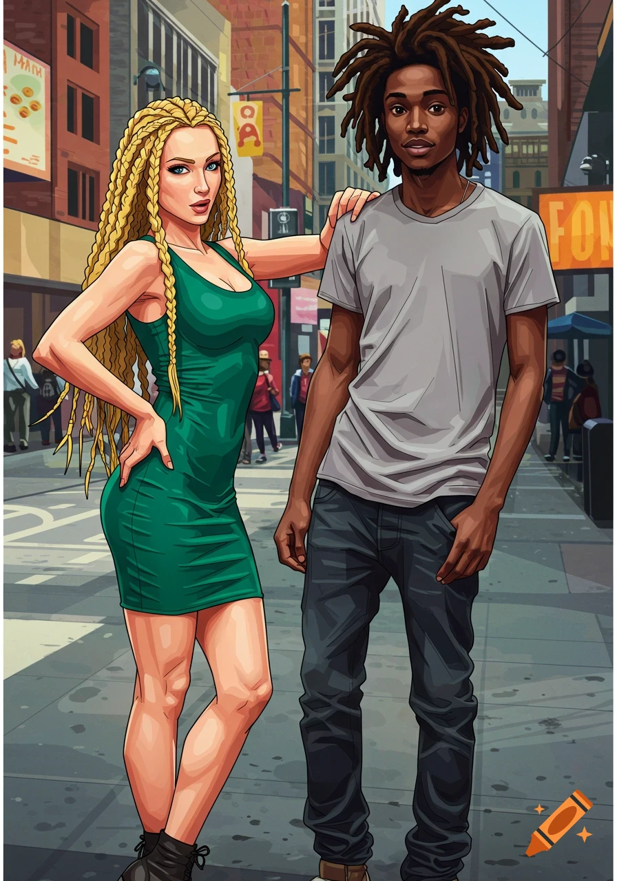 A stylized illustration of a woman with blonde braids and a man with dreadlocks standing on a city street.