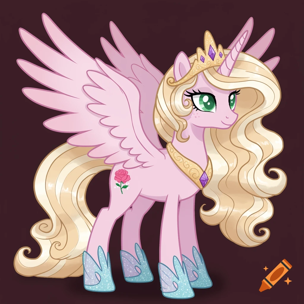 A light pink animated winged unicorn with long wavy blonde hair, wearing a gold crown and collar, and glittery blue shoes.