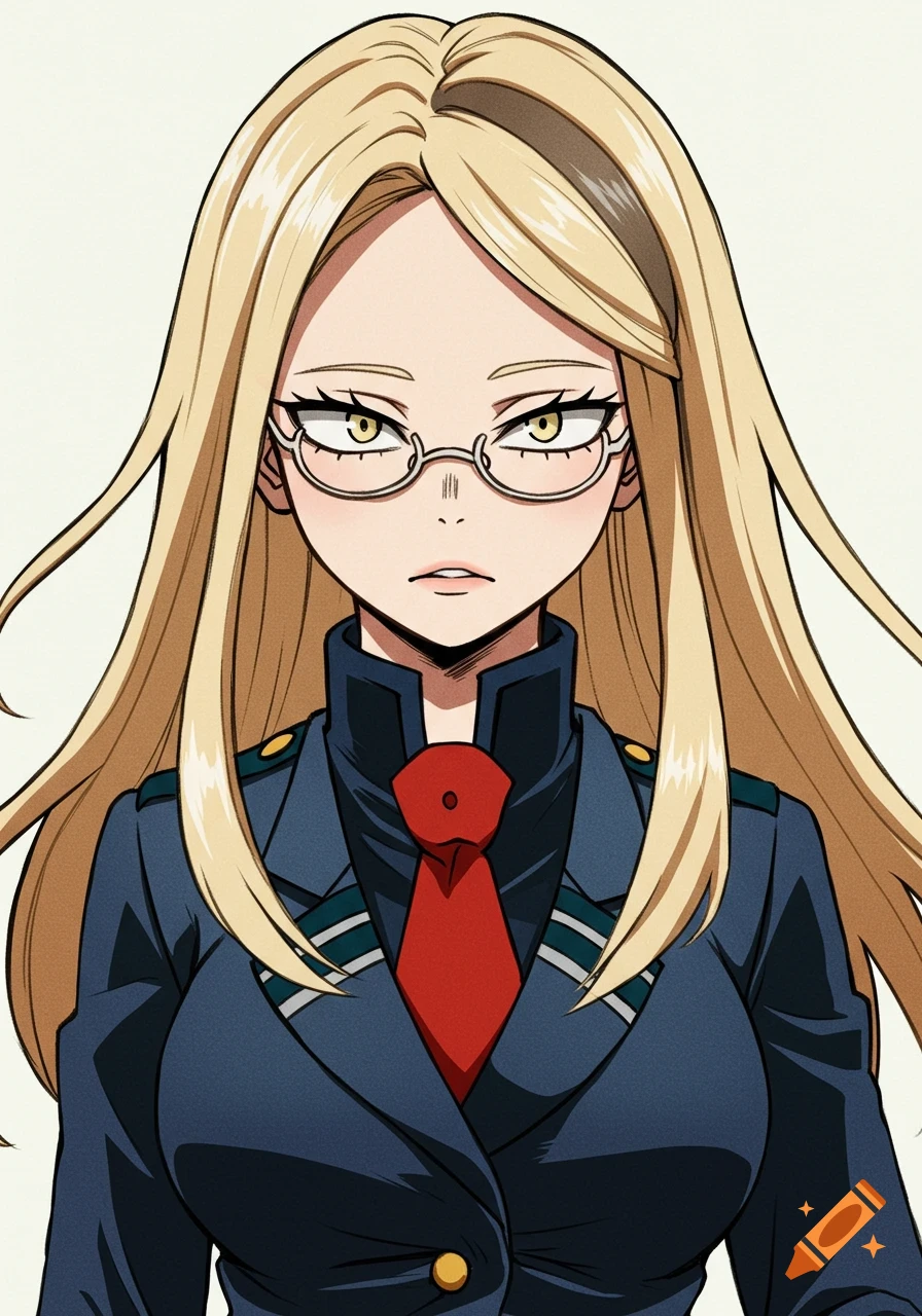 Anime portrait of a girl from My Hero Academia with long blonde hair, glasses, and a UA uniform.