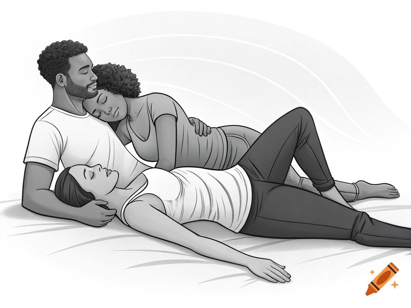 Black and white illustration of three people sleeping close together.