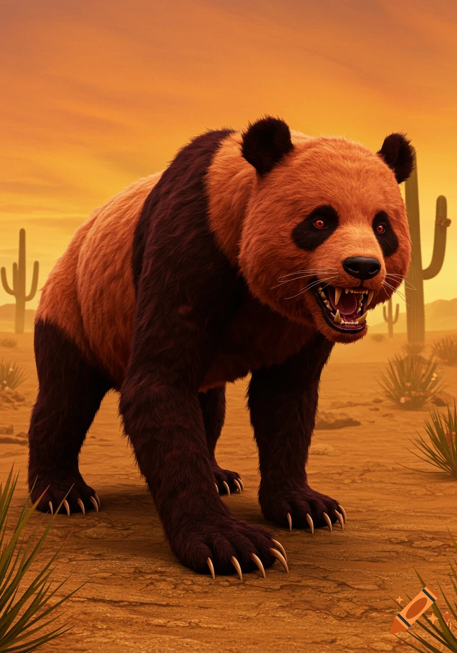 A fearsome carnivorous panda creature stands in a desert landscape with ...