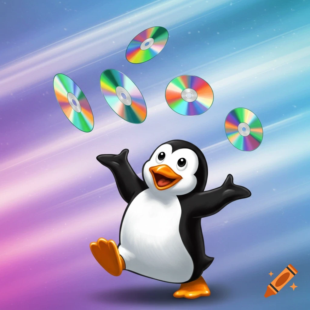 Cartoon penguin juggling five colorful CDs against a gradient background.