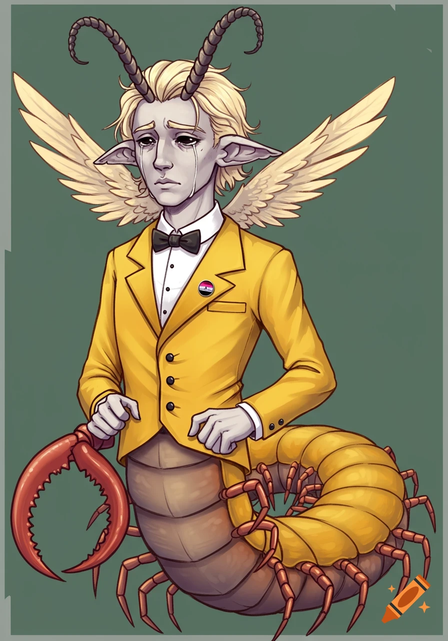 Sad fantasy creature with human top, centipede bottom, wearing yellow tuxedo and pin.