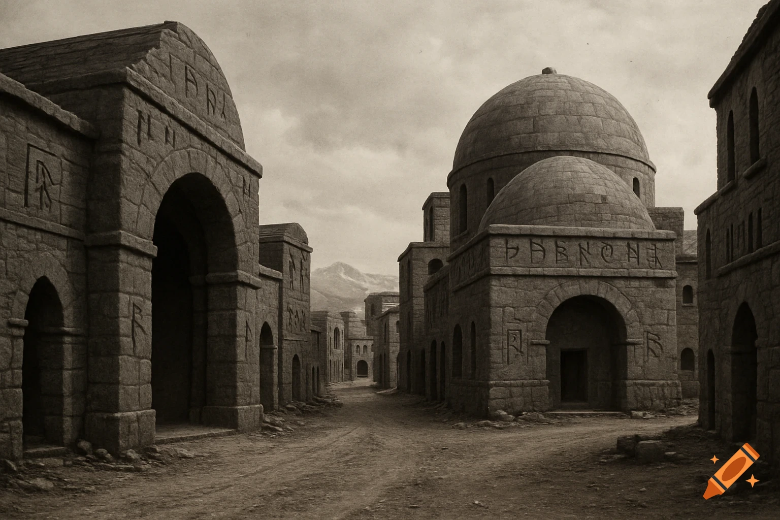 Sepia-toned photo of a stone city street with large buildings, arches, domes, carved symbols, and distant mountains.