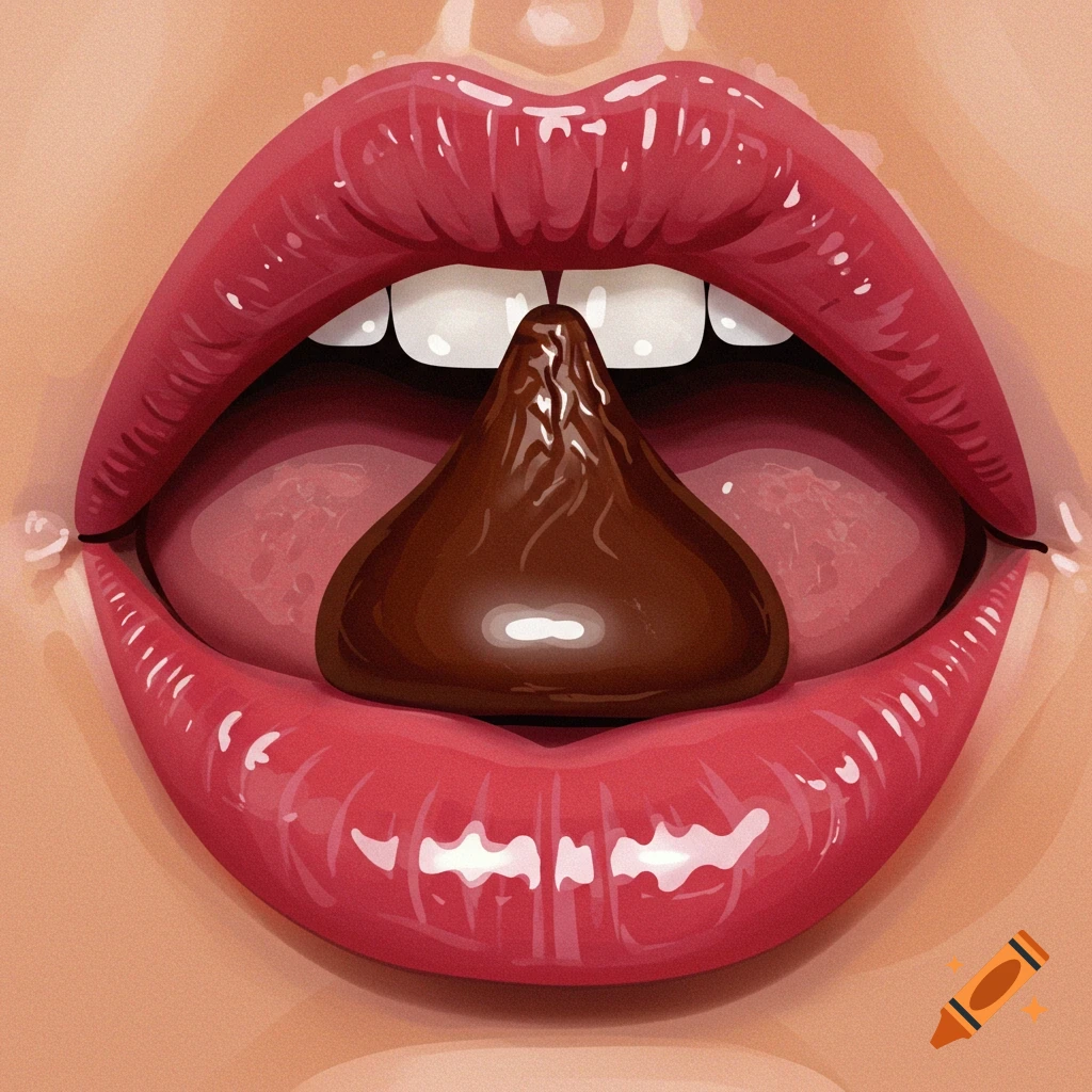 Close-up of red glossy lips with a chocolate kiss on the tongue.