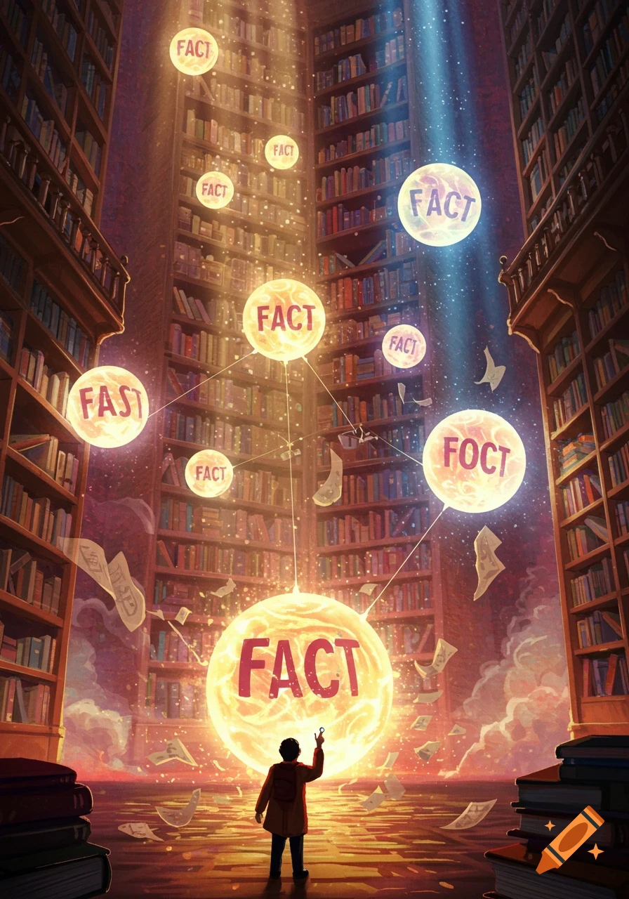 A person in a grand library reaching up to glowing orbs labeled 'FACT' and connected by light, with papers floating around, in a fantasy style.