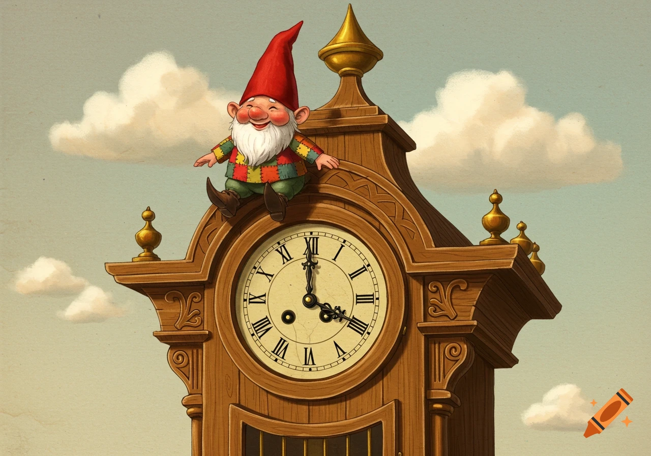 A cheerful cartoon gnome with a red hat sits on top of a grandfather clock under a cloudy sky.
