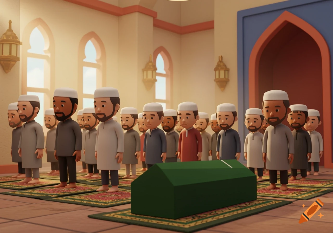 Cartoon Muslim men performing Janazah prayer in a mosque with a green coffin.