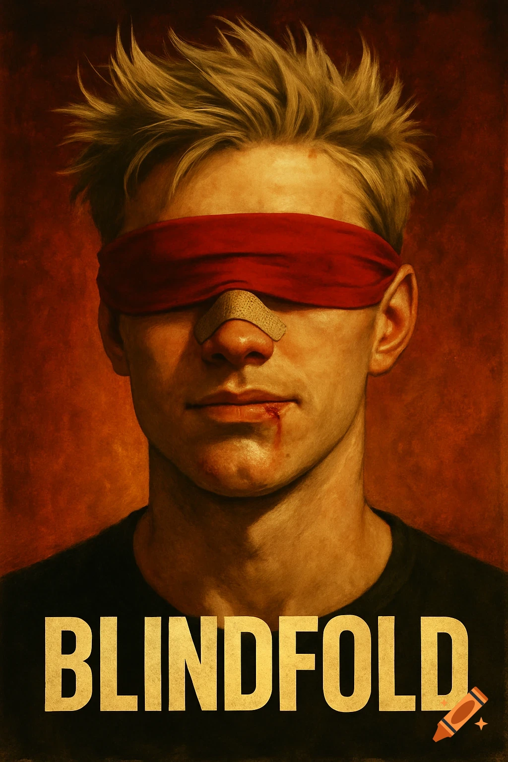 Portrait of a young man with a red blindfold, bandage on his nose, cut lip, against a reddish-brown background, with the word BLINDFOLD at the bottom.