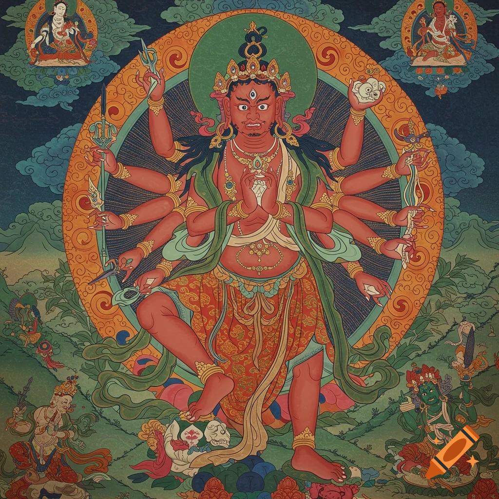 A red-skinned multi-armed deity in a traditional Buddhist thangka painting style.