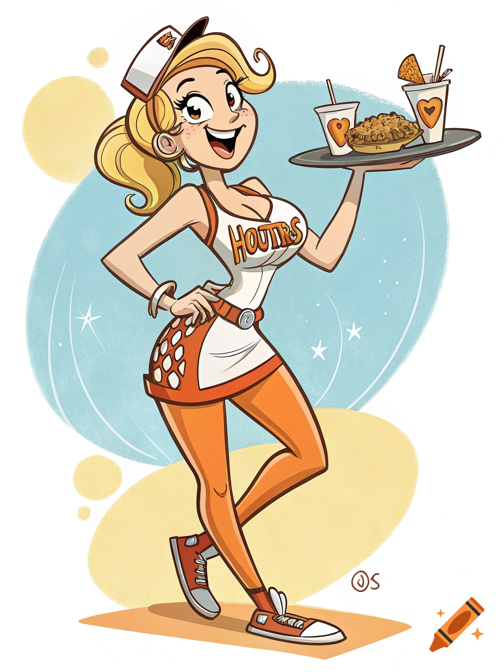Cartoon woman in Hooters uniform holds a tray of food and drinks.