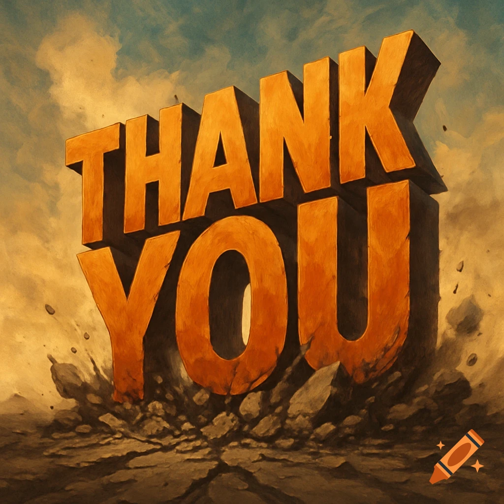 Large orange 3D text spelling THANK YOU crashes into rocky ground, creating dust and debris.