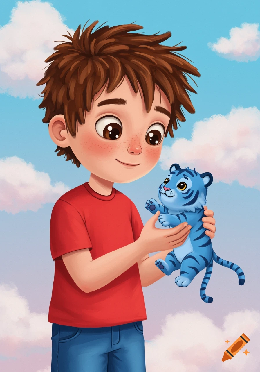 Cartoon illustration of a boy holding a small blue tiger cub.