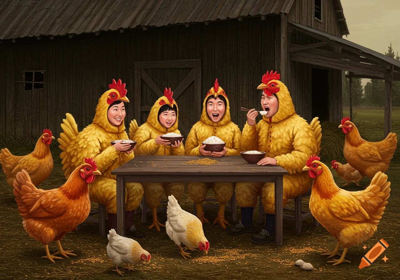 People in chicken costumes eat rice at a table outside a barn with chickens nearby.
