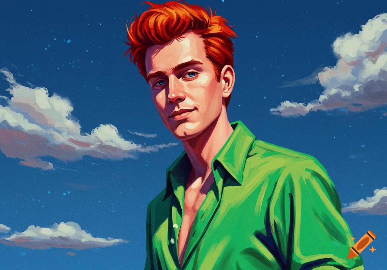 Painting of a man with red hair and a green shirt against a blue sky with clouds.