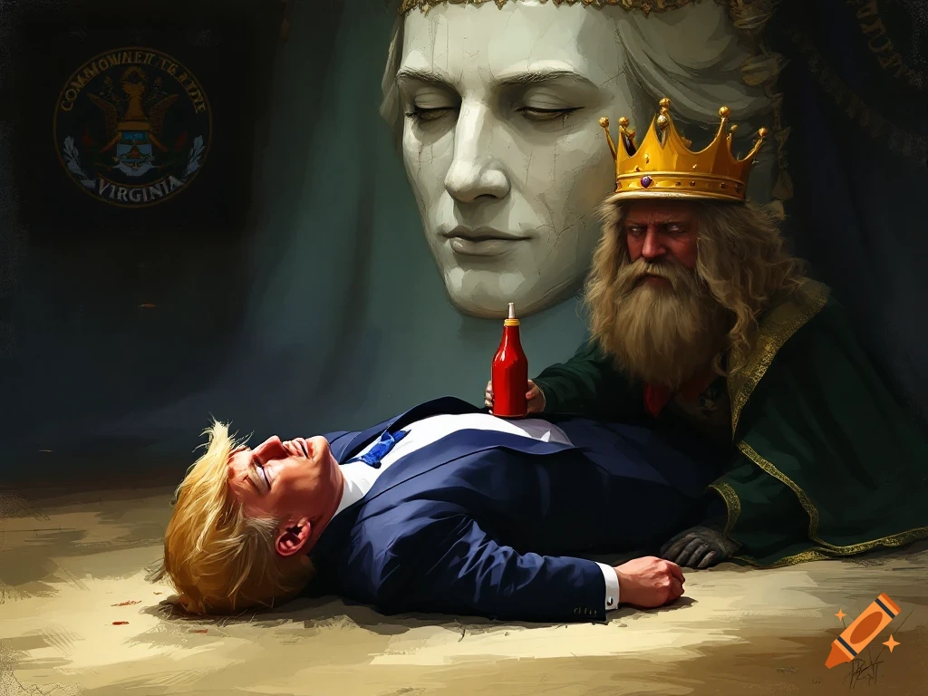 Painting of Trump lying on the ground while a crowned figure pours ketchup on him, with a large face and Virginia seal in the background.