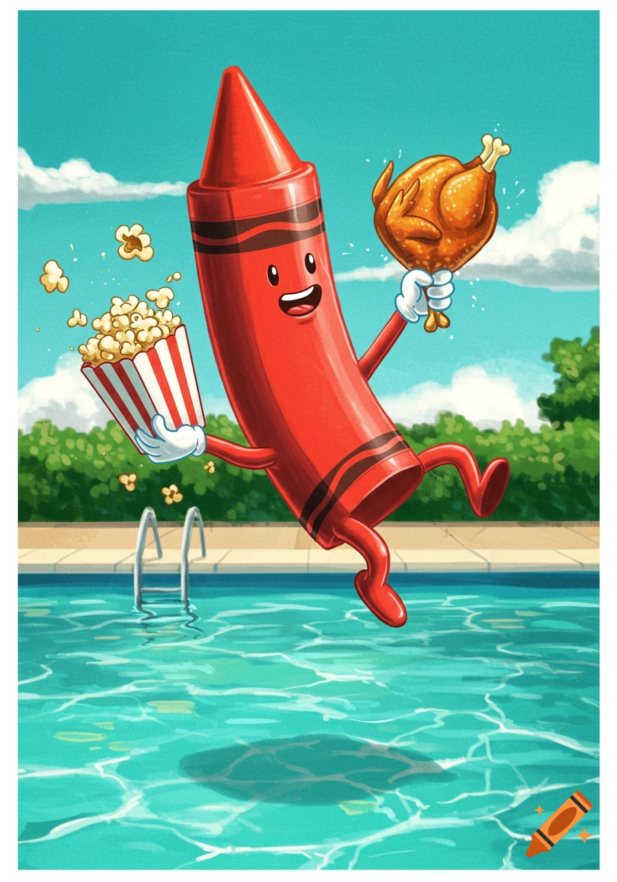 Cartoon red crayon jumping into a pool with popcorn and a roasted chicken.