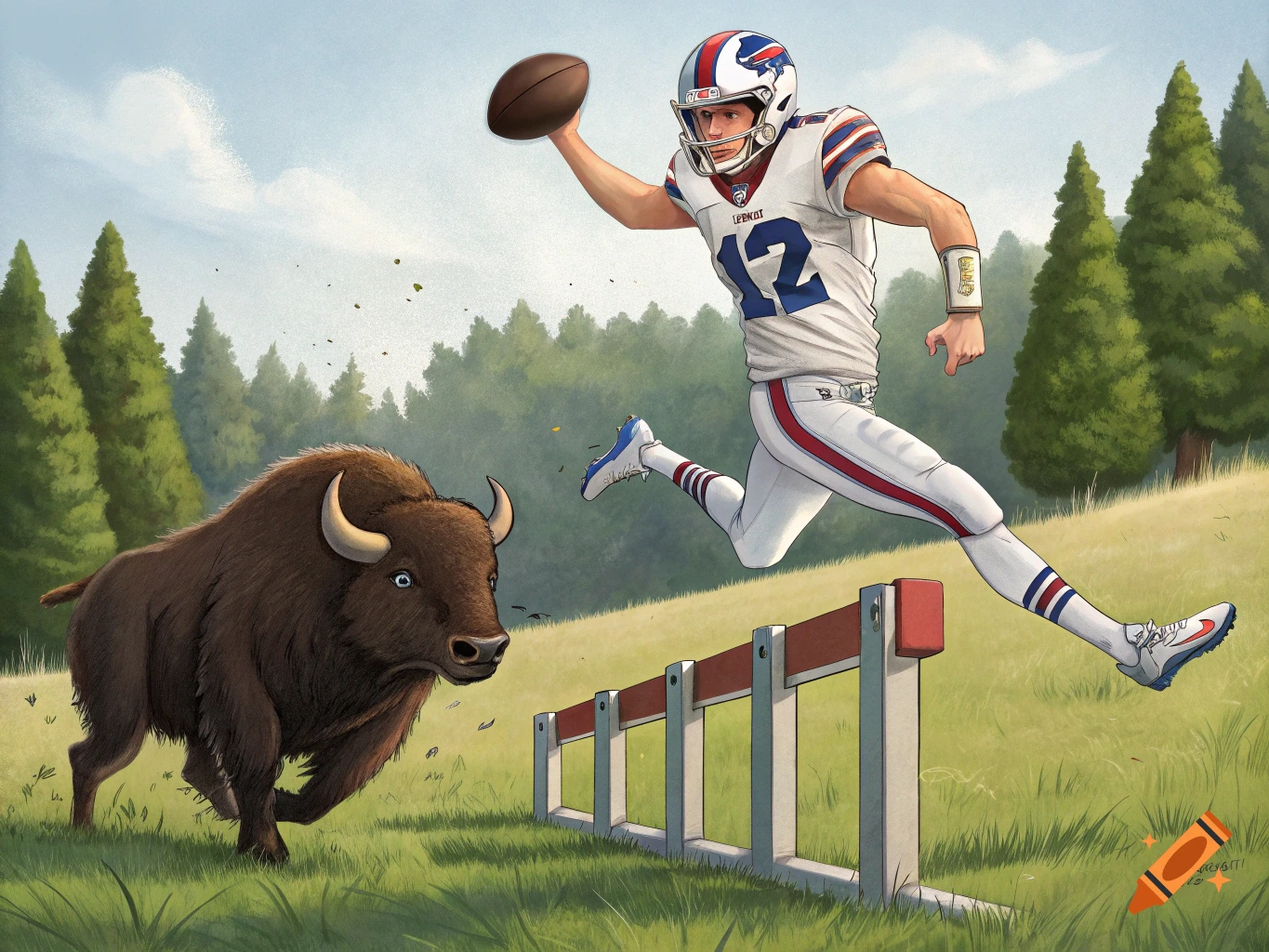 American football player #12 leaps over a hurdle next to a running buffalo. Illustrated style.
