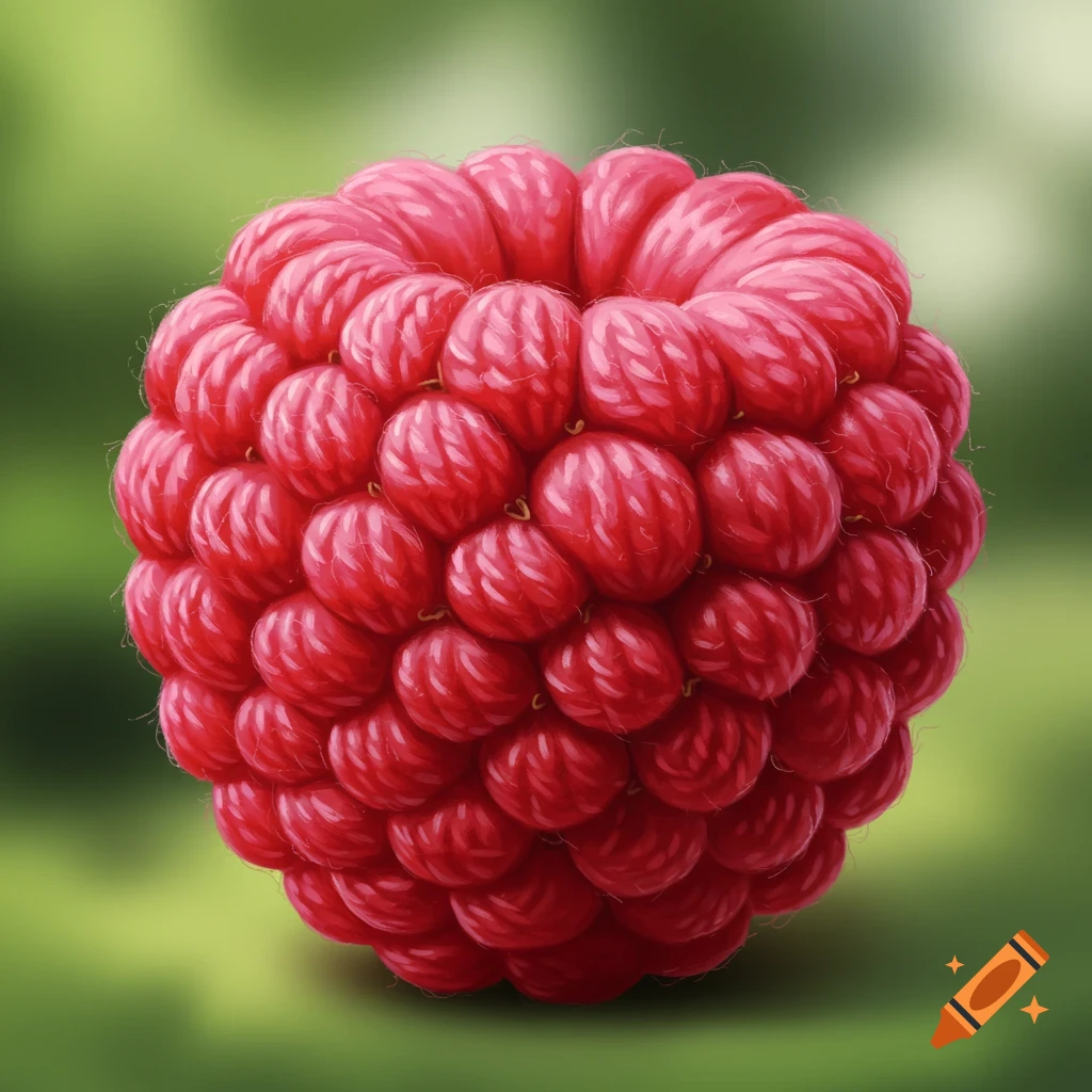 Close-up illustration of a textured red raspberry on a green background.