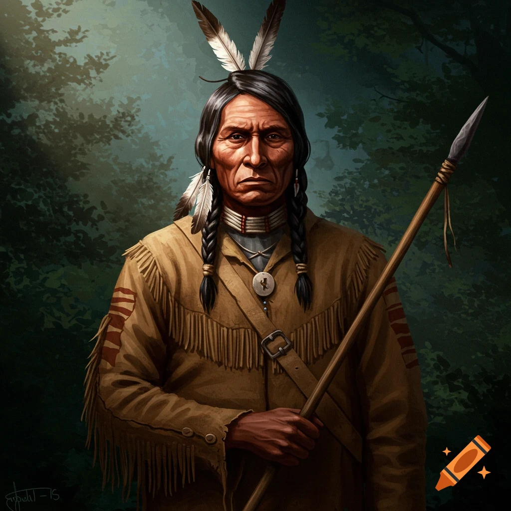 A painterly portrait of a Native American man in traditional clothes holding a spear in a forest.