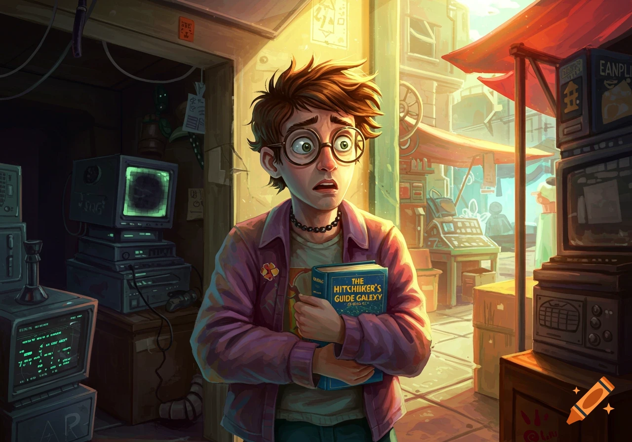 Startled young man with glasses holding a book, standing in a street with retro computers and market stalls, illustration.