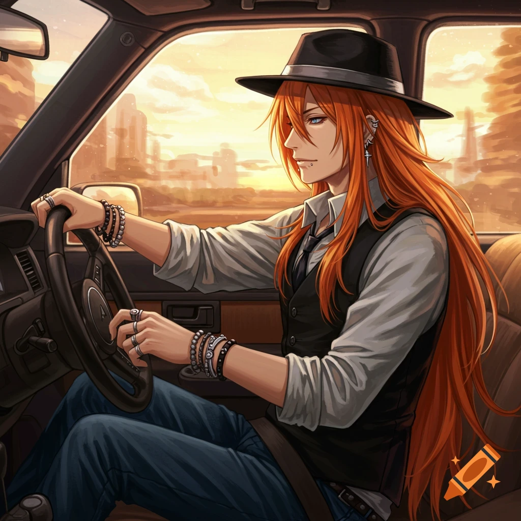 Anime man with long orange hair and fedora driving a car at sunset.