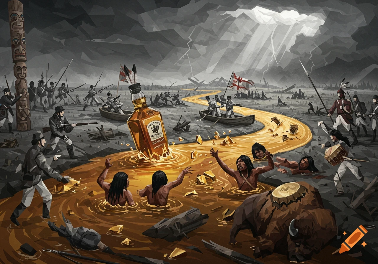 Cubist style allegorical scene of conflict with soldiers, Native Americans, a buffalo, and a river of whiskey under a stormy sky.