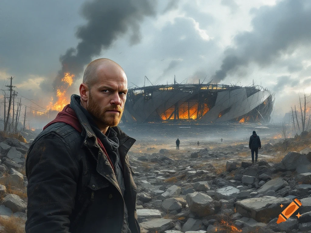 A bald man stands in front of a burning, ruined stadium in a post-apocalyptic landscape.