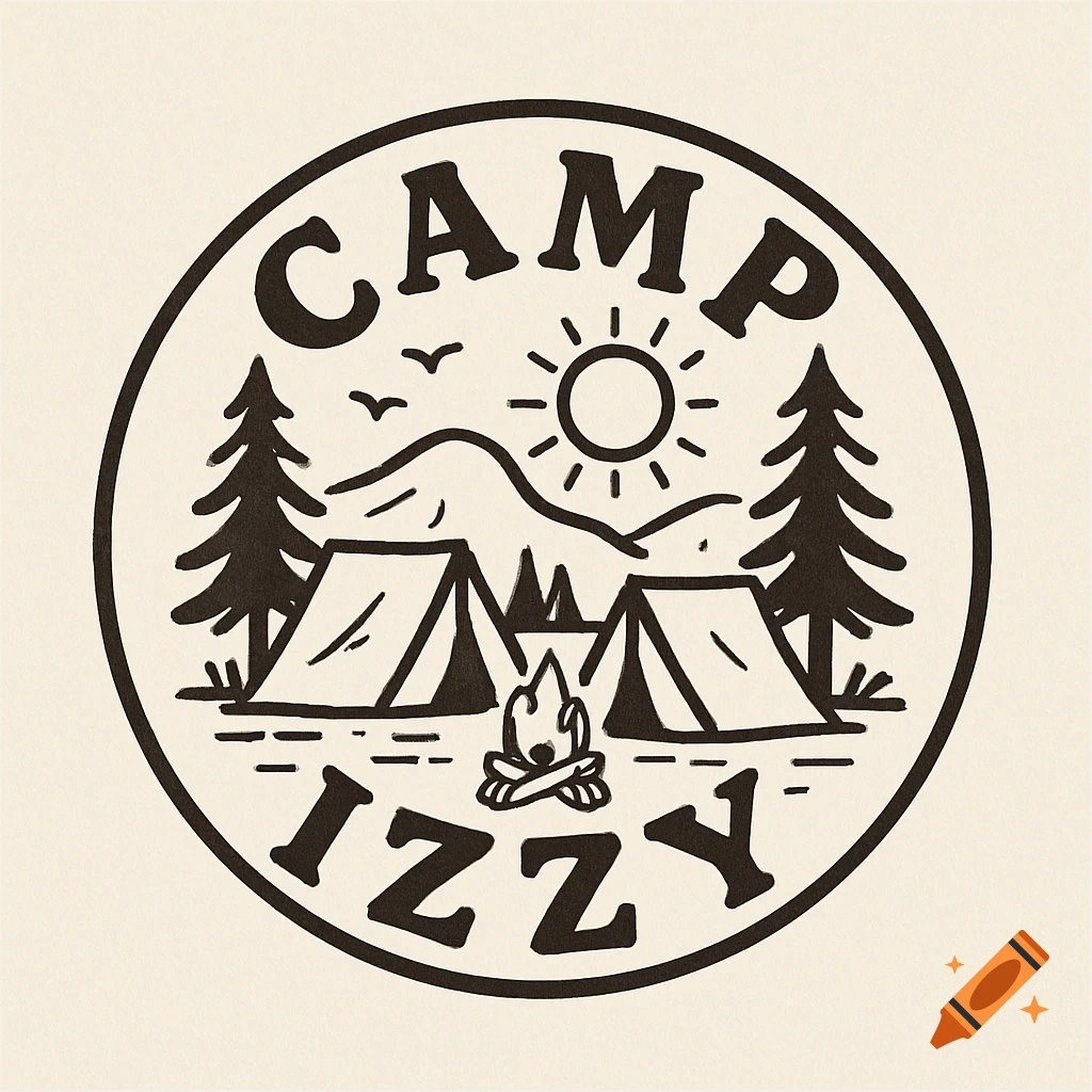 Retro line art logo for Camp Izzy featuring tents, campfire, mountains, and trees.