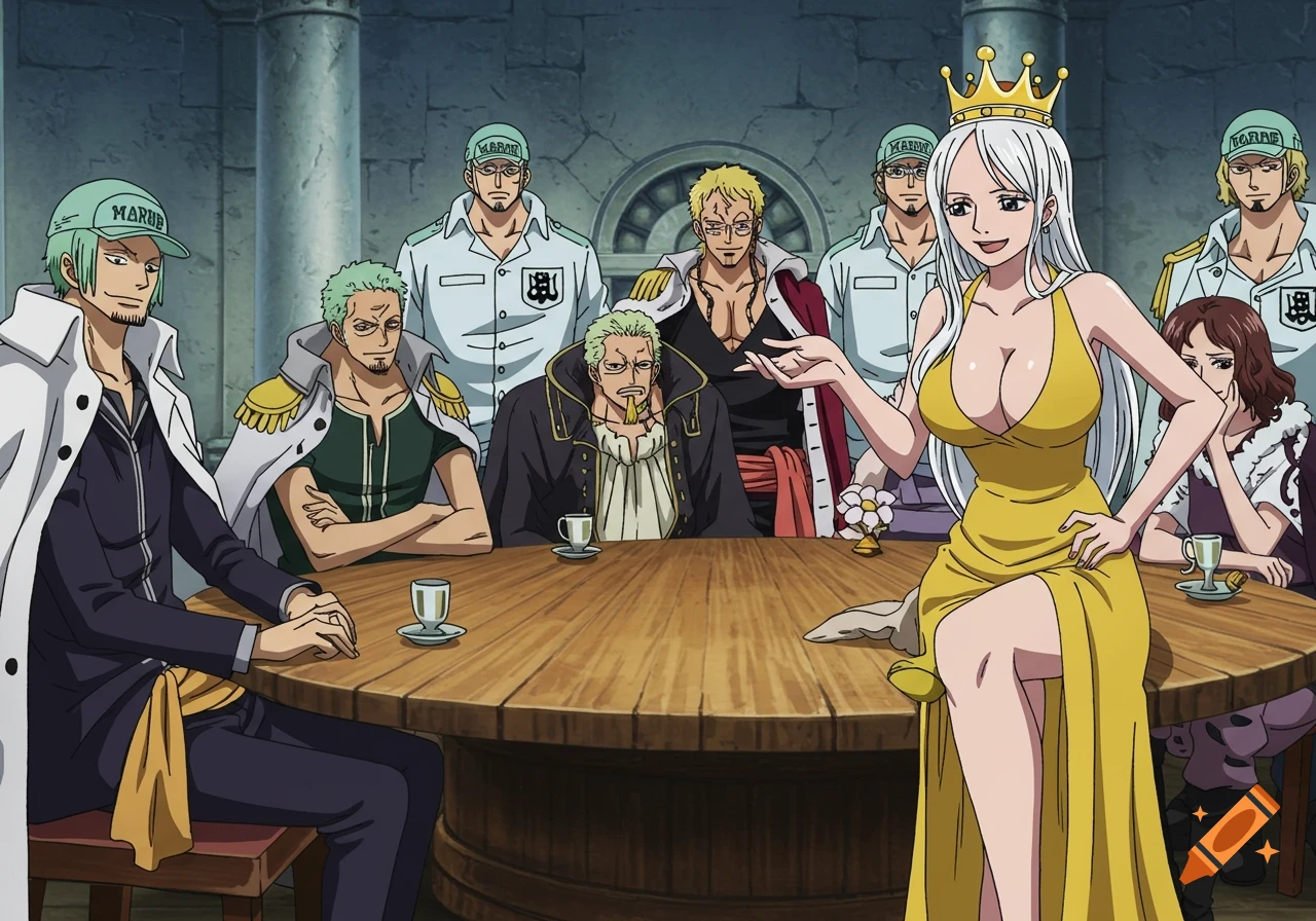Anime characters from One Piece, including a woman in a gold dress and crown, sitting around a table with Marines.