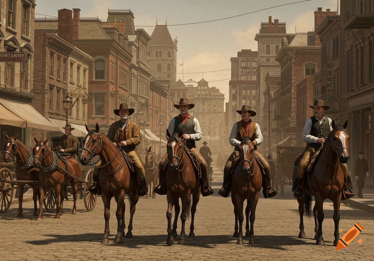 Four cowboys on horseback ride down a cobblestone street in a historical town setting.
