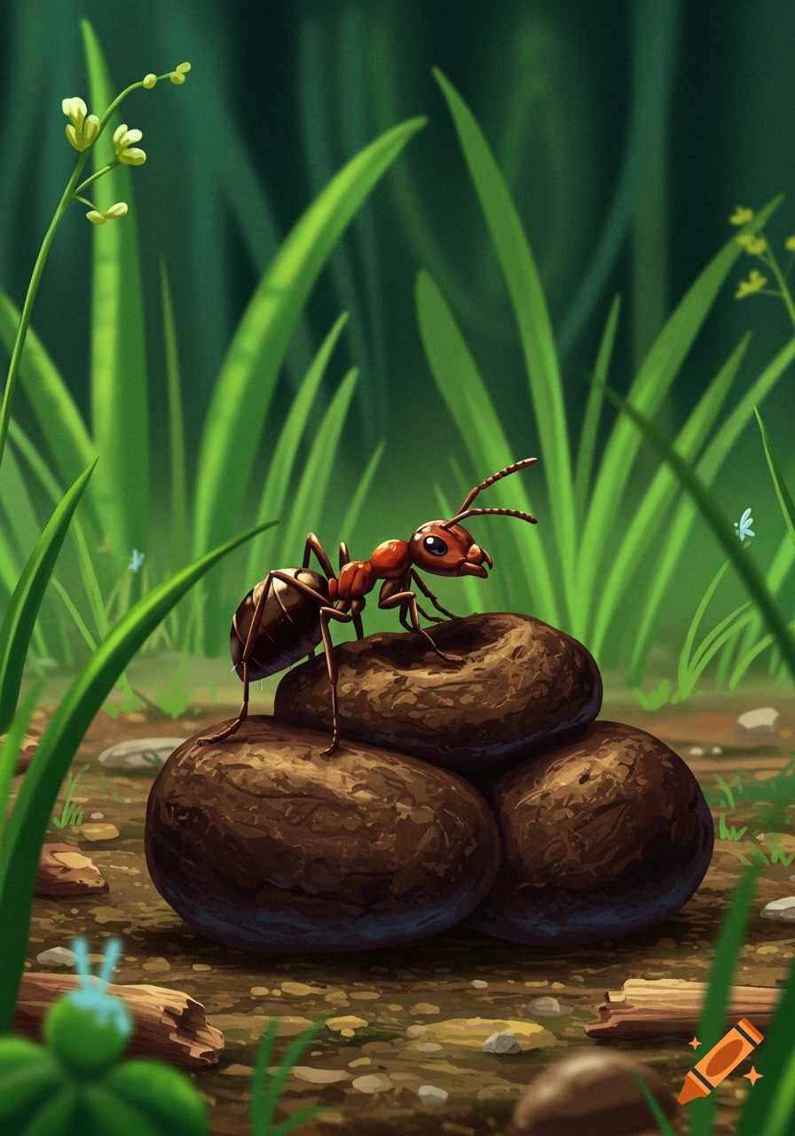 Stylized illustration of an ant on a pile of brown logs in tall grass.