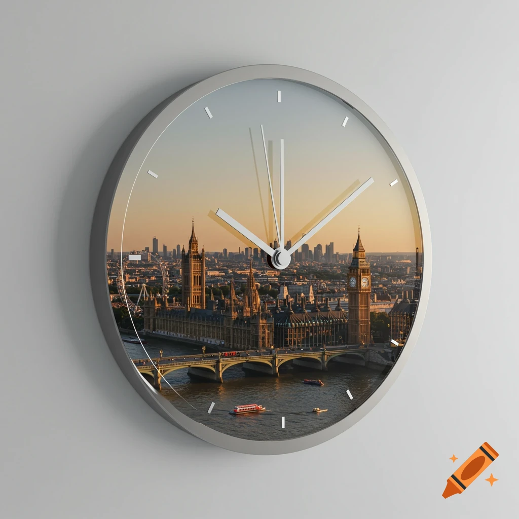 A photorealistic image of a clock with the London Houses of Parliament and Big Ben skyline on its face at sunset.