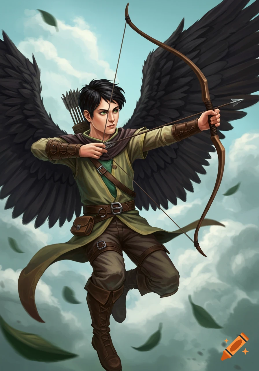 A young man with black wings shoots a bow and arrow while flying.