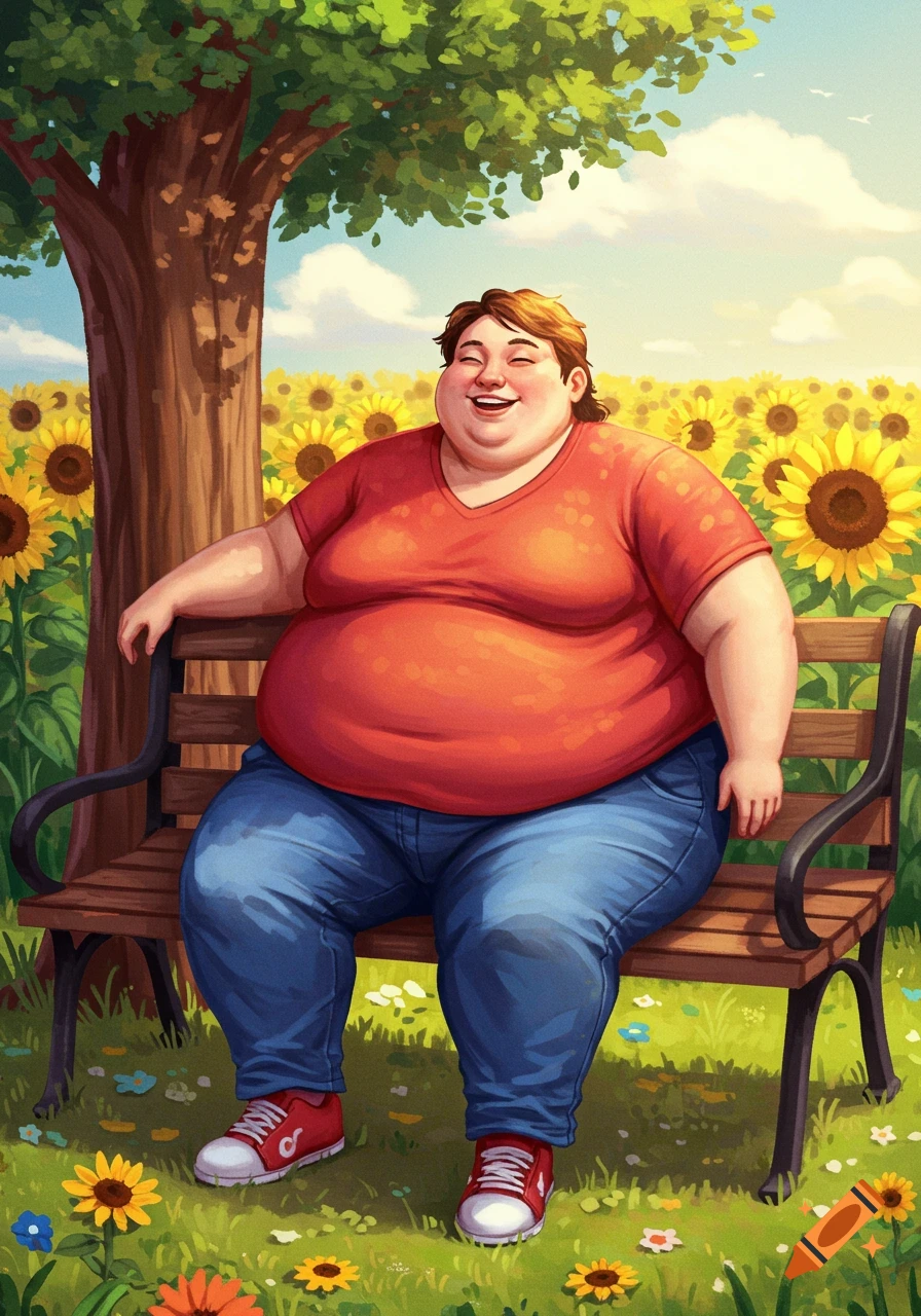 Illustration of a large woman sitting on a bench in a sunflower field, smiling.