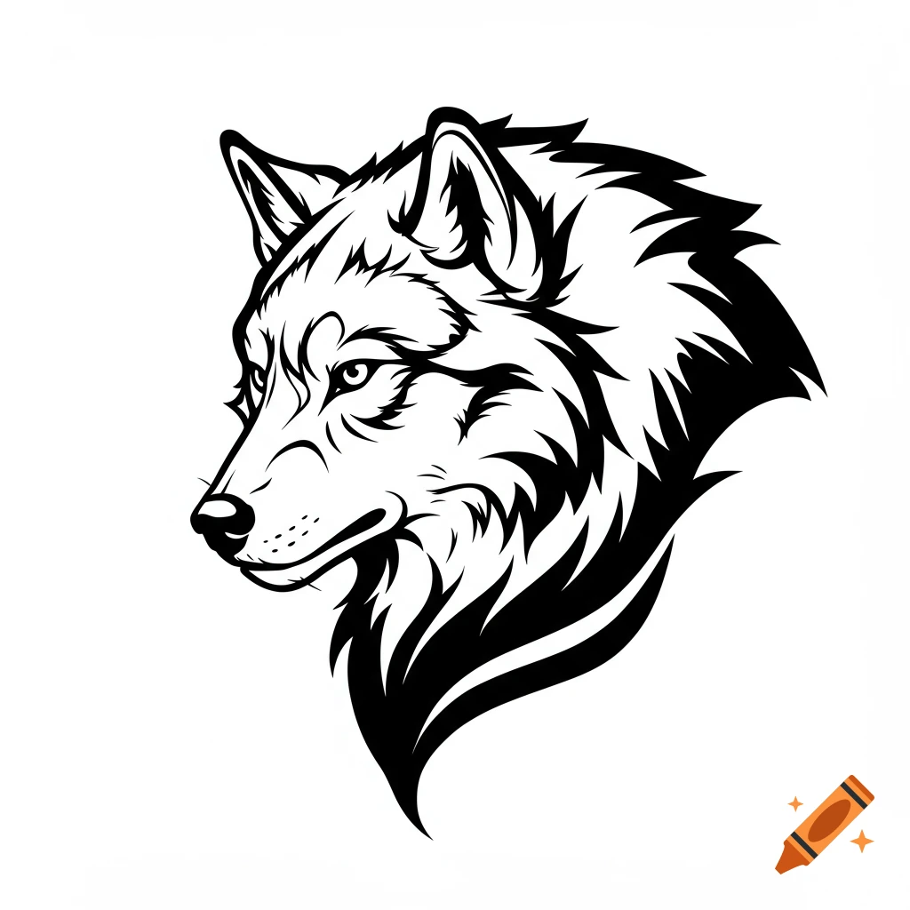 Black and white bold line art illustration of a wolf head