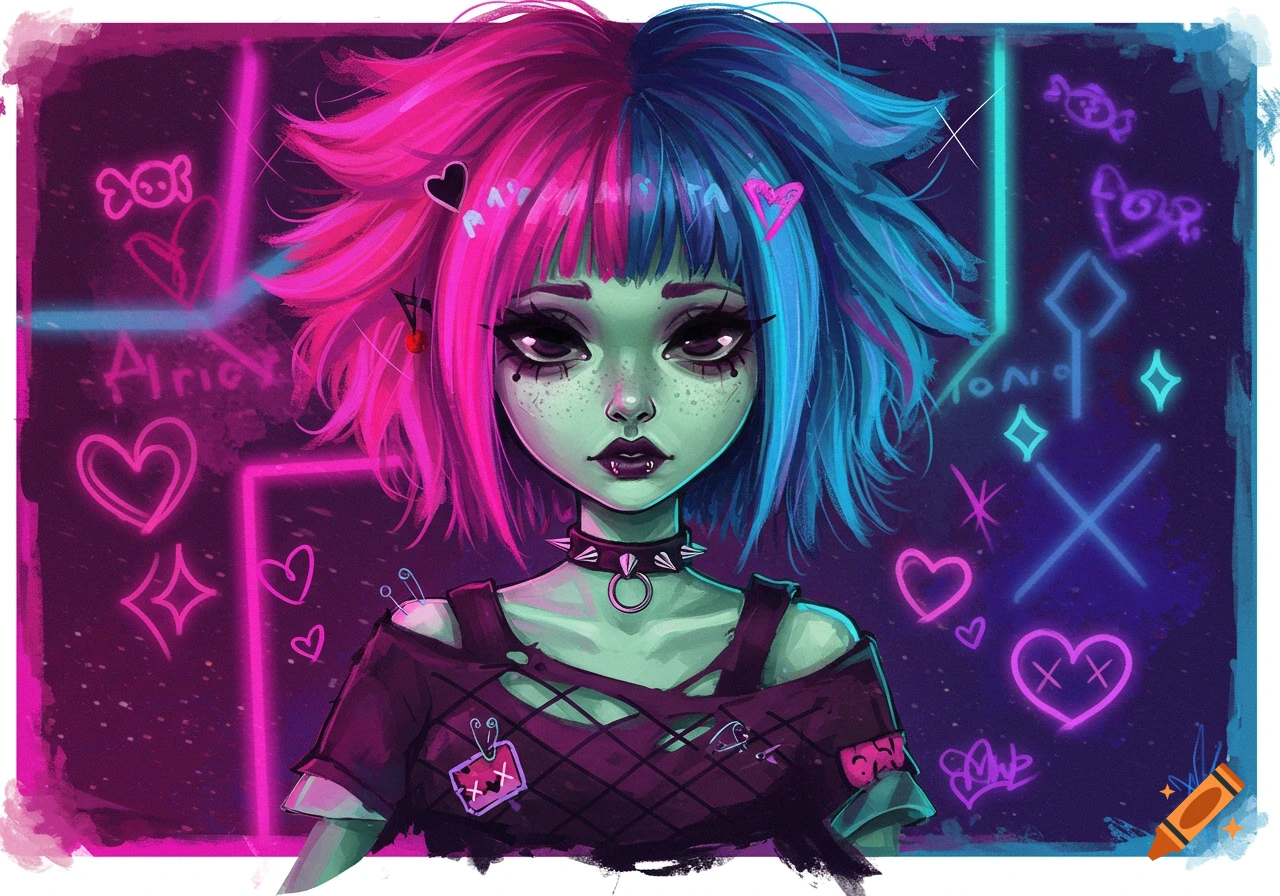 Stylized portrait of a girl with split pink and blue hair, green skin, wearing a ripped shirt and spiked collar, surrounded by neon lights and symbols in an emo/scenecore style.