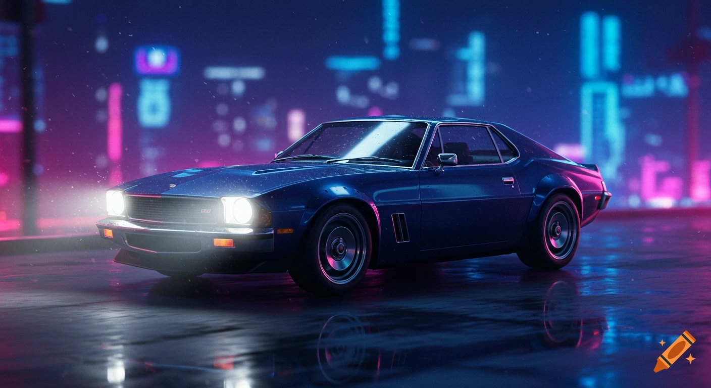 A blue classic car drives on a wet city street at night with neon lights and rain.