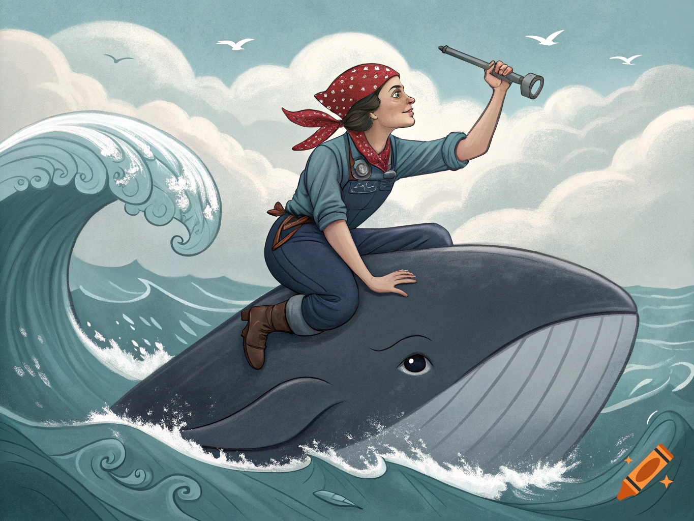 Illustration of a woman resembling Rosie the Riveter riding a whale on a wave.