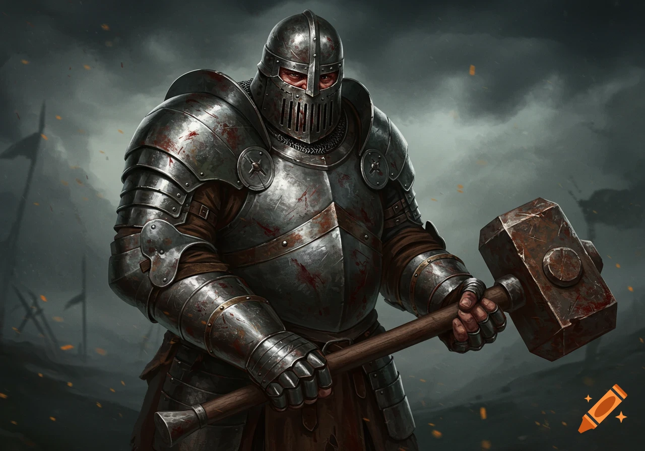 An armored medieval knight holding a large hammer looks grimly at the viewer.