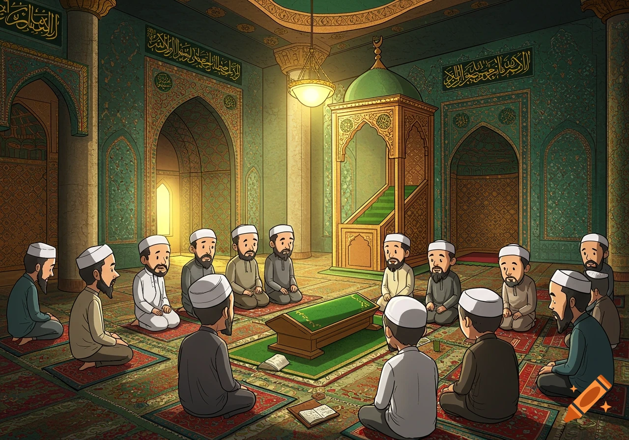 Cartoon men sit around a coffin in a mosque, holding books.