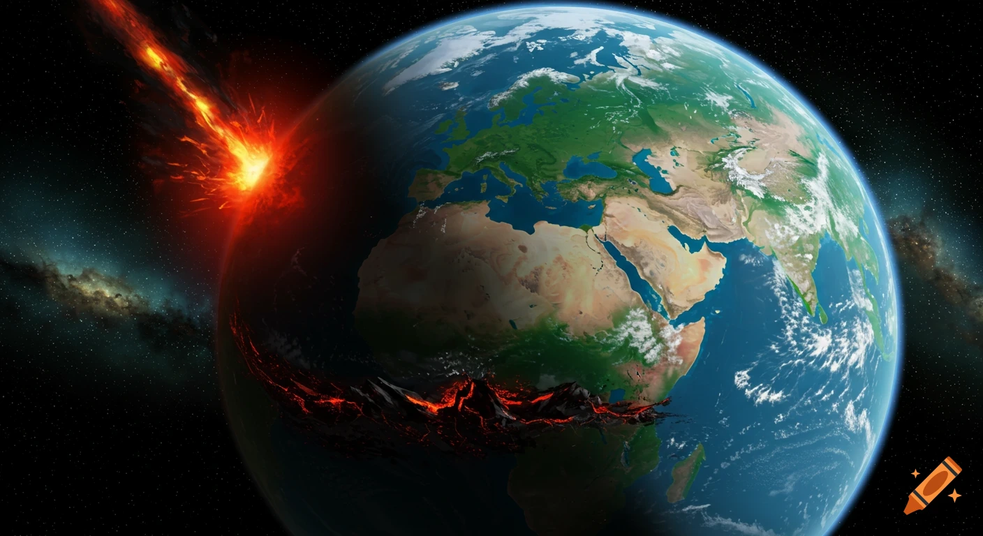 Earth is struck by a large, fiery asteroid causing devastation