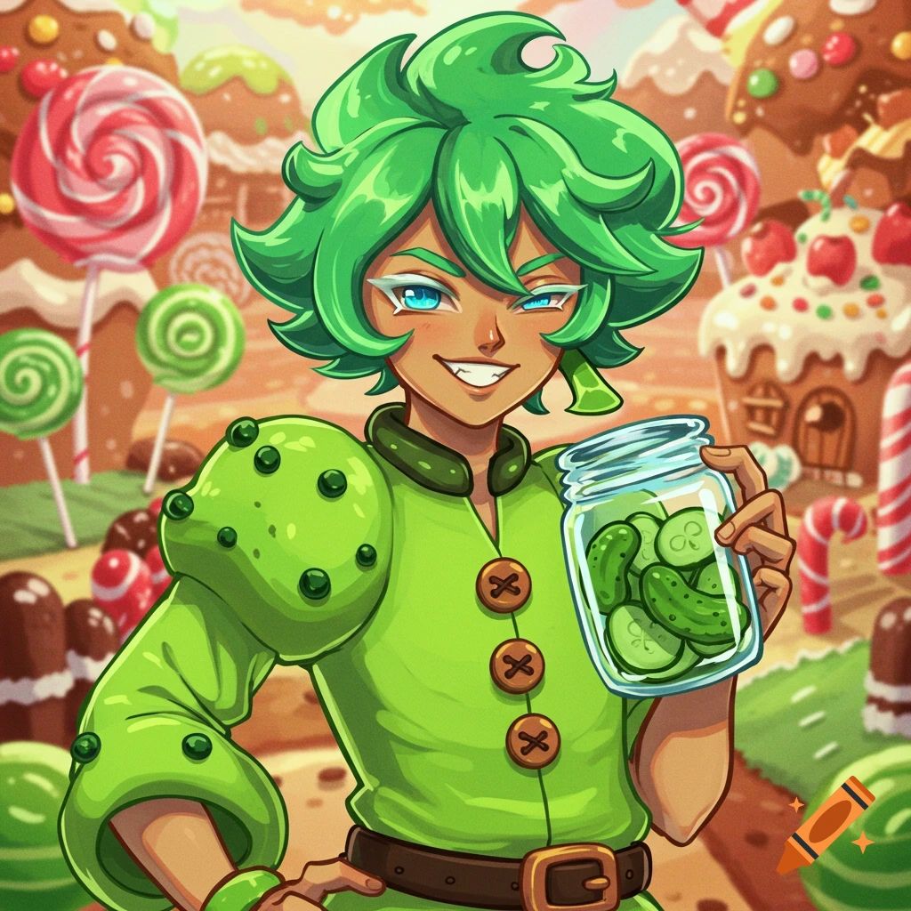 Anime style character with green hair holds a jar of pickles in a candy land scene