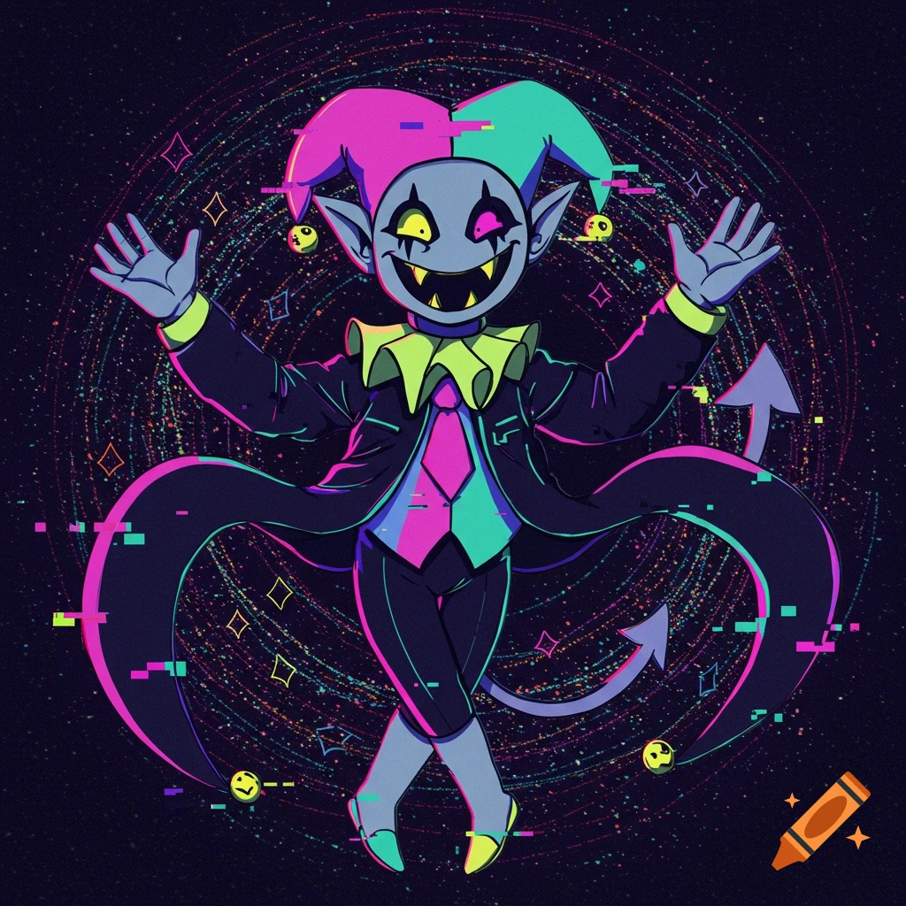 Colorful stylized drawing of a jester-like character with a wide grin and glowing eyes against a dark, glitchy background.