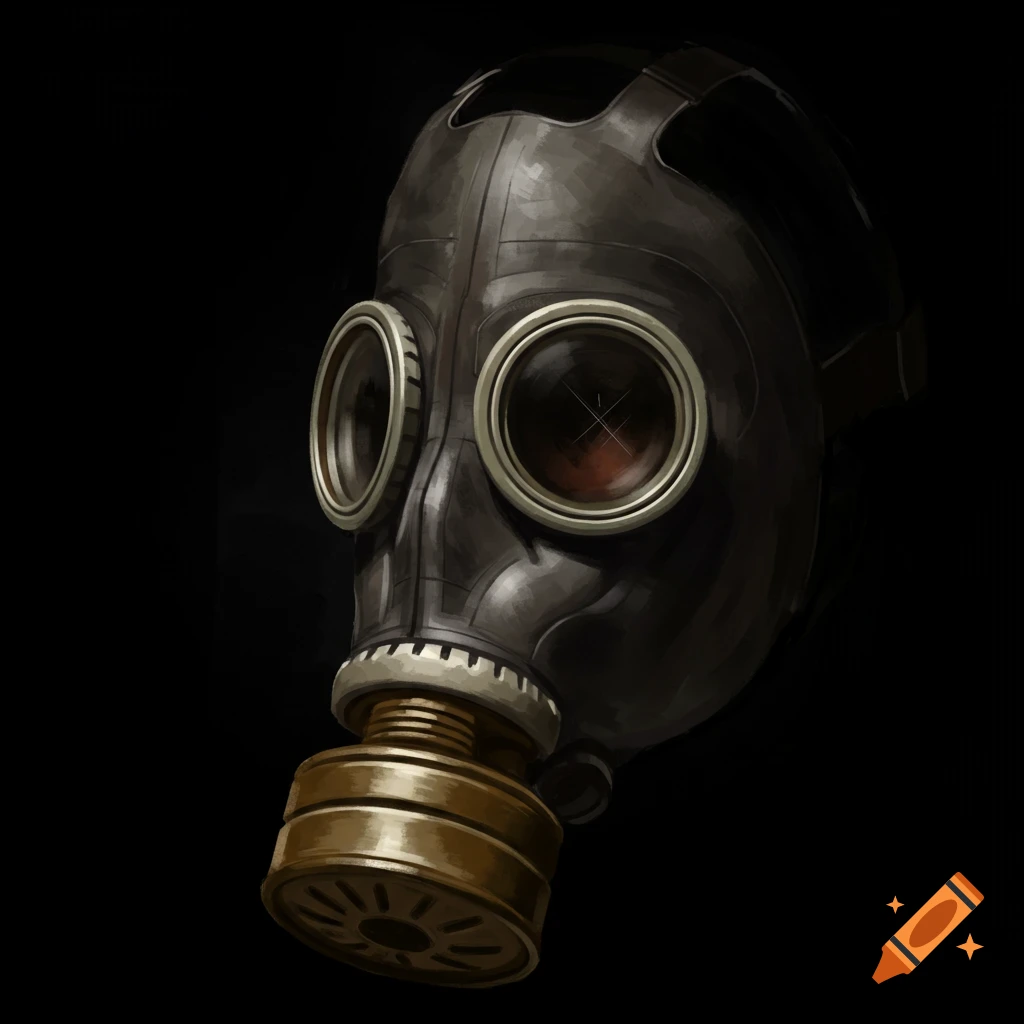 An illustration of a dark gas mask with round lenses and a brass filter on a black background.