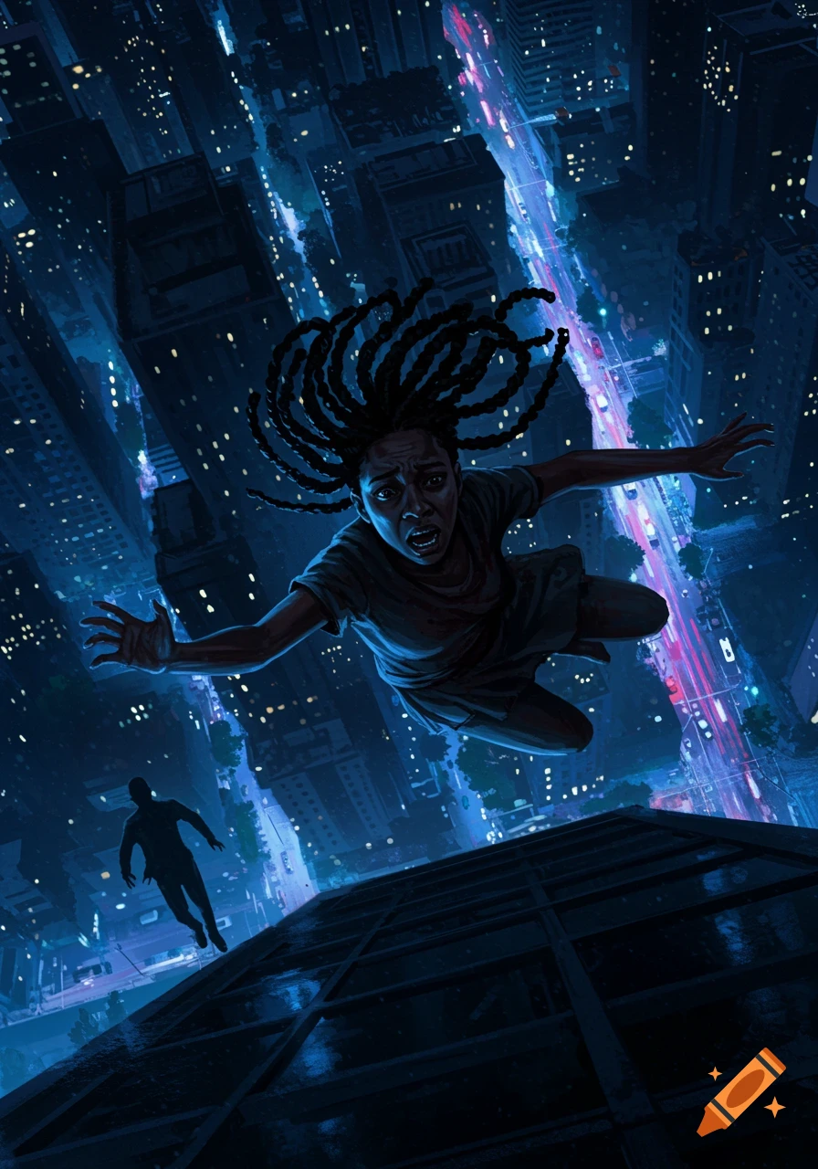 A person falls from a building at night in a city, viewed from above ...