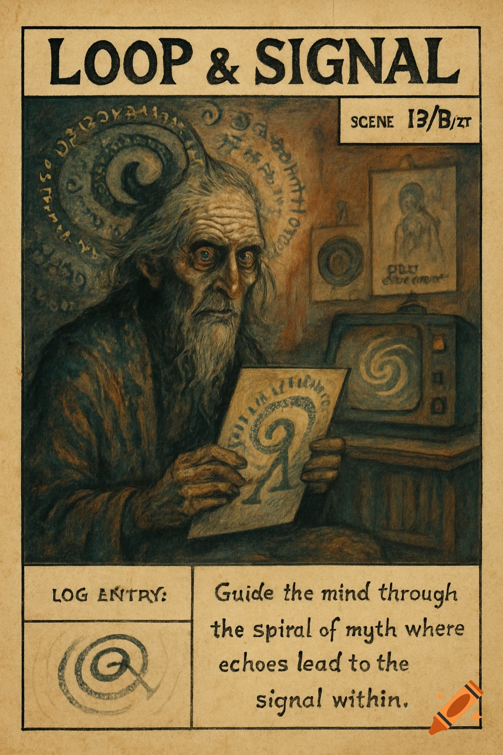 An old man with a beard sits holding a paper with a spiral symbol. Text reads LOOP & SIGNAL, SCENE 13/B/ZT, and a log entry.