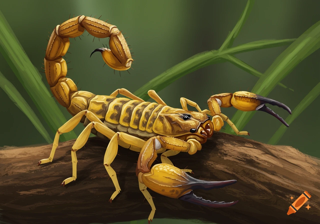 A bright yellow scorpion sits on a brown log with green foliage in the background, illustration